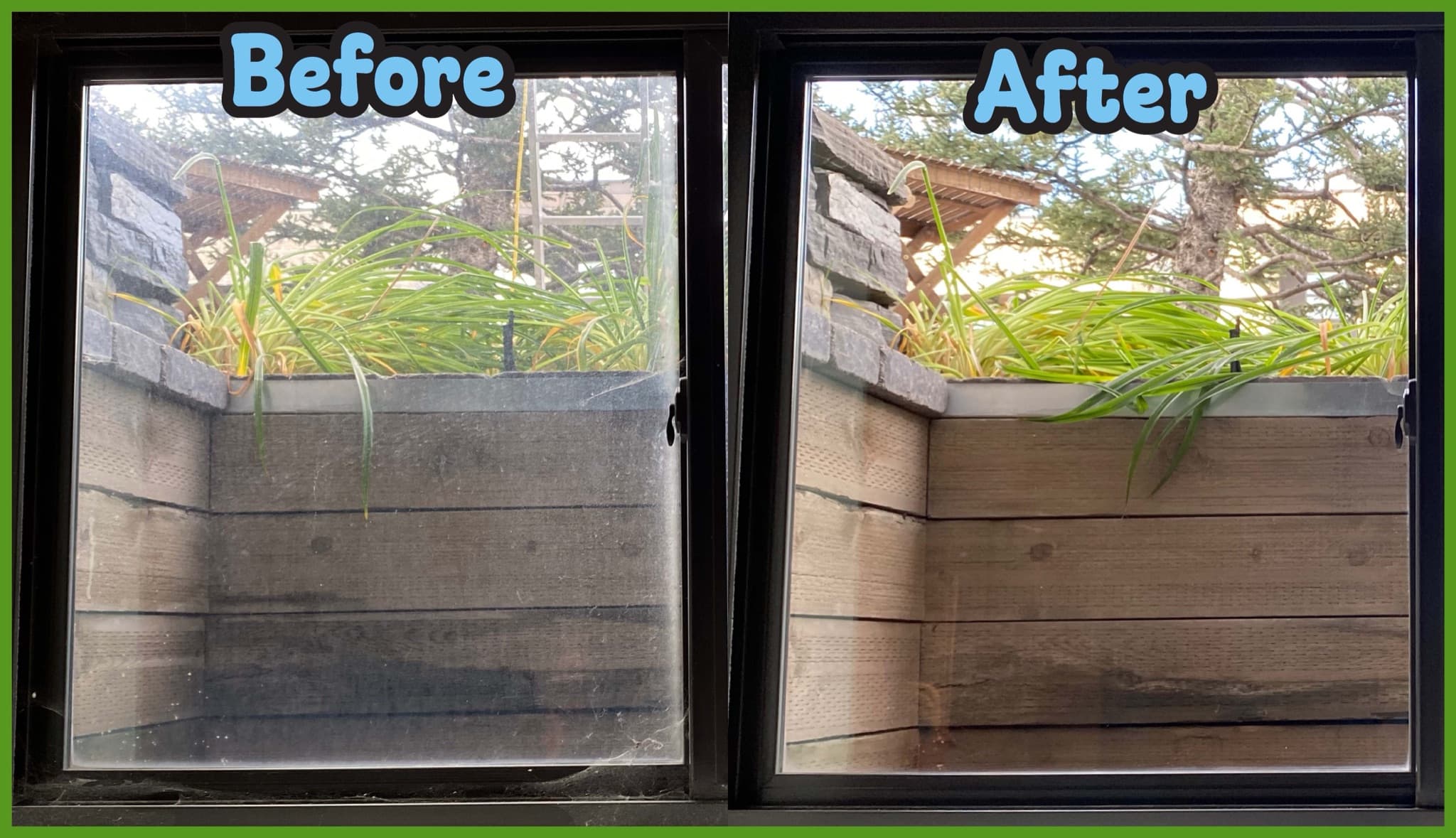 Mop Monkeys technician cleaning windows on a Calgary home — streak-free squeegee results